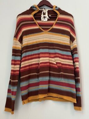 Cotton & Rye Medium Striped Boho Country Brown, Hoodie, Front Pocket, Scoop Neck